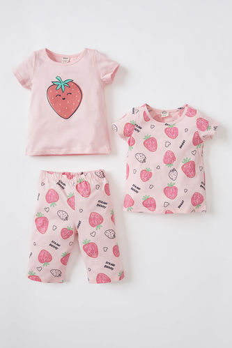 Kız Bebek Çilek Baskılı Kısa Kollu 3'lü Pamuklu Pijama Takım
