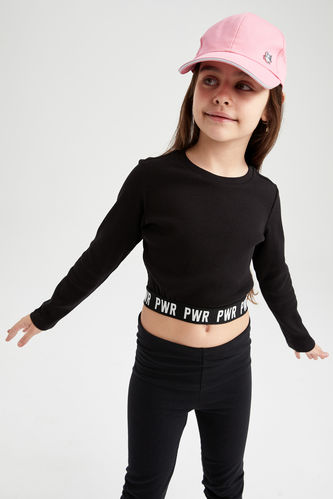 Kız Çocuk Bisiklet Yaka Slogan Baskılı Uzun Kollu Crop Tişört