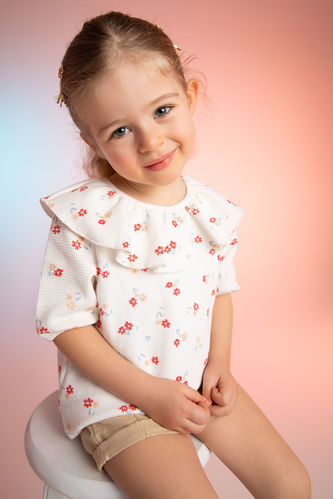Kız Bebek Regular Fit Çiçek Desenli Yarım Kollu Volanlı Waffle Bluz