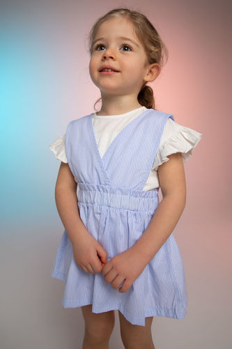 Kız Bebek Çizgili Keten Görünümlü Elbise Tişört 2'li Takım