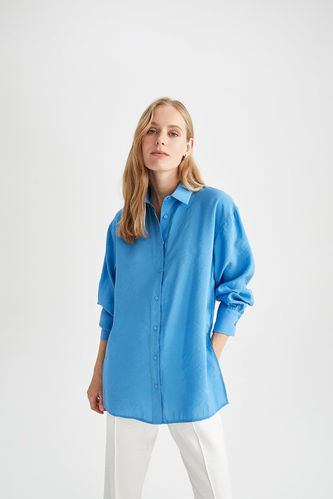 Oversize Fit Yırtmaç Detaylı Tensel Uzun Kollu Gömlek Tunik