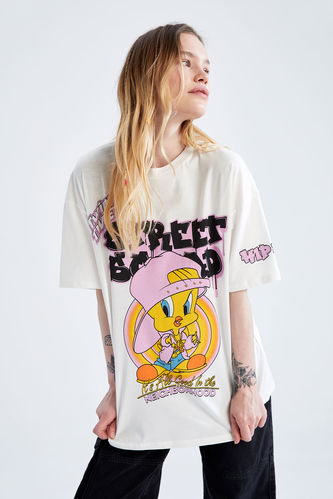 Looney WOMEN | DeFacto Tunes Print Sleeve 2418717 White Oversized T-Shirt Short