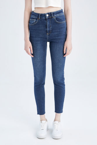 Skinny Fit Yüksek Bel Paça Ucu Kesik Uzun Jean Pantolon