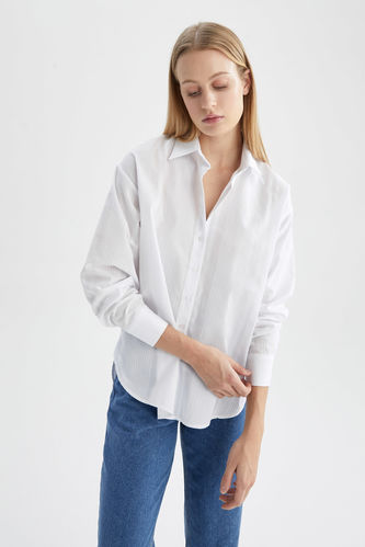 Oversize Fit Shirt Collar Plaid Voile Long Sleeve Shirt