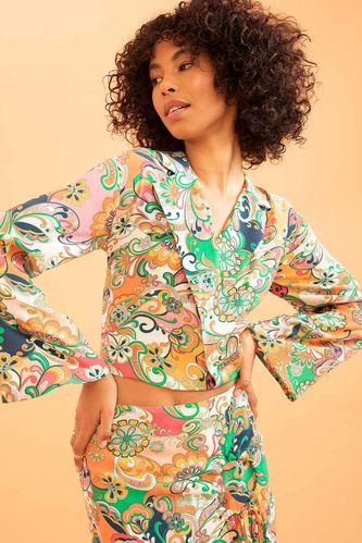 Fitted Wrap Yaka Desenli Maroken Uzun Kollu Bluz