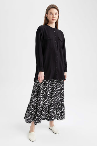 Regular Fit Floral Patterned Elastic Waist Viscose Skirt
