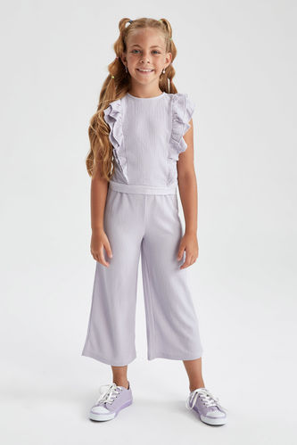 Kız Çocuk Crop Kolsuz Krinkıl Kumaş Tişört Pantolon 2'li Takım