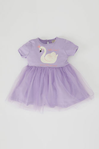 Kız Bebek Prenses Kuğu Baskılı Kısa Kollu Tül Elbise