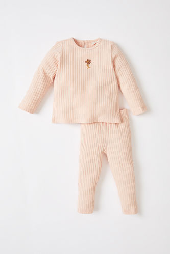 Kız Bebek Regular Fit Uzun Kollu Çiçek Nakışlı Fitilli 2'li Pijama Takım
