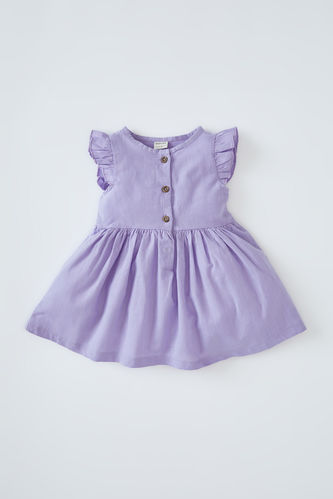 Baby Girl Crew Neck Basic Buttoned Linen Look Dress