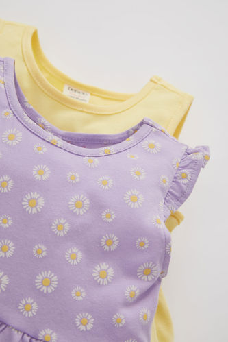 Kız Bebek Çiçek Desenli Kolsuz 2'li Yazlık Penye Elbise