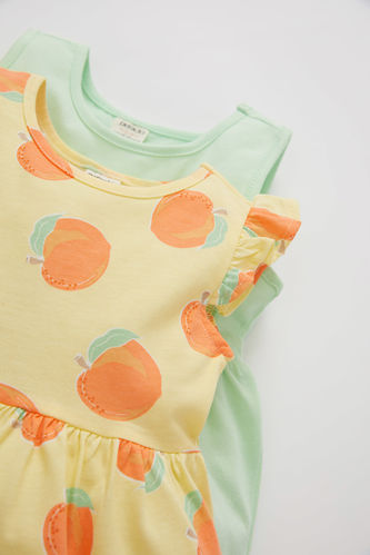 Baby Girl Orange Patterned Sleeveless 2 Piece Cotton Cotton Dress