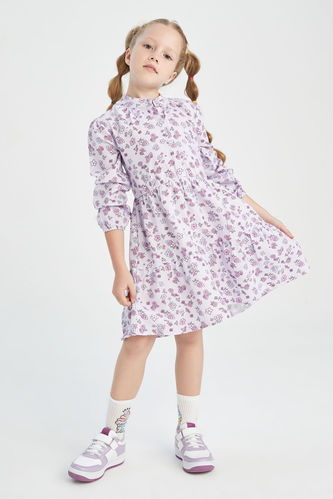 Girl Long Sleeve Floral Print Mini Twill Dress