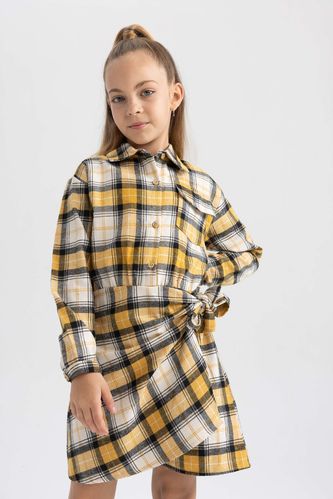Kız Çocuk Kareli Polo Yaka Uzun Kollu Flanel Gömlek Elbise