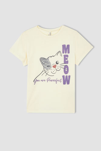 Kız Çocuk Regular Fit Kedi Baskılı Kısa Kollu Pamuklu Tişört