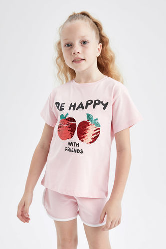 Kız Çocuk Regular Fit Kiraz Baskılı Kısa Kollu Pamuklu Tişört