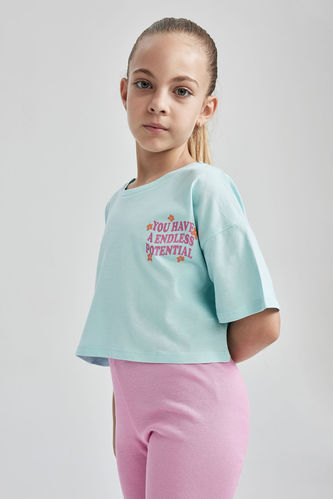 Kız Çocuk Crop Slogan Baskılı Pamuklu Kısa Kollu Tişört