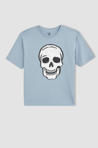Boy Oversize Fit Sequined Skull Printed Short Sleeve Cotton Combed Combed T-Shirt