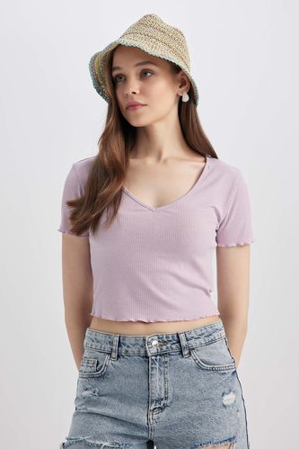 Coool Fitted Crop V-Neck Short Sleeve Ribbed Textured T-Shirt