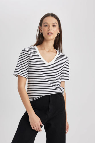 Regular Fit V-Neck Striped Short Sleeve T-Shirt