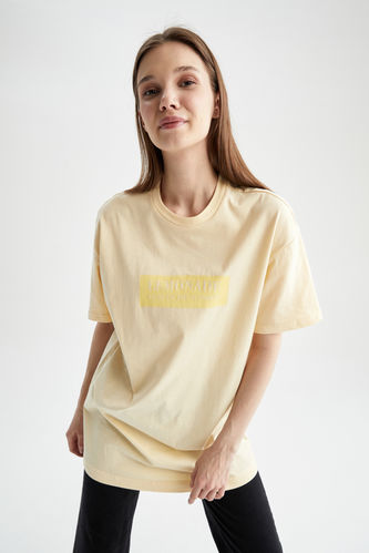 Regular Fit Crew Neck Slogan Printed Short Sleeve T-Shirt Tunic