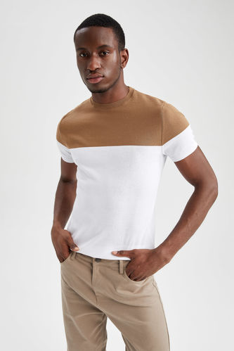 Slim Fit Crew Neck Color Block Short Sleeve Knitwear T-Shirt