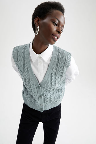 Oversize Fit V-Neck Knitted Patterned Pullover
