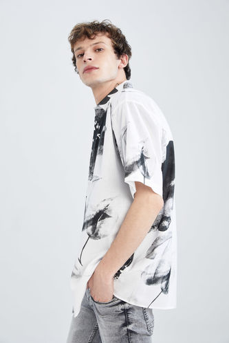 Oversized Short Sleeve Palm Print Poplin Shirt
