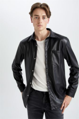 Black Man Regular Fit Long Sleeve Faux 