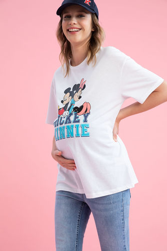 Hamile Disney Mickey & Minnie Lisanslı Bisiklet Yaka Pamuklu Kısa Kollu Tişört