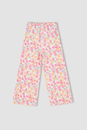 Kız Çocuk Culotte Fit Çiçek Desenli Geniş Paça Pantolon