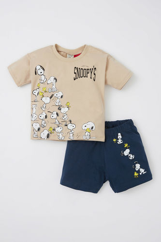 Erkek Bebek Snoopy Lisanslı Regular Fit Pamuklu Kısa Kollu Tişört Şort Takım