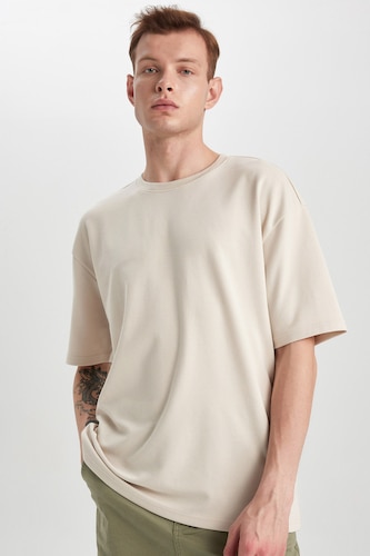 Erkek Kum Kırışmaz Oversize Pamuklu Tişört