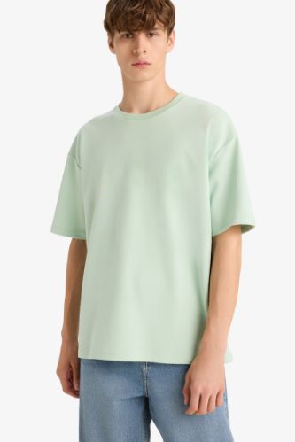 Oversize Geniş Kalıp Ütü Gerektirmeyen Bisiklet Yaka Kısa Kollu Basic Düz Ağır Kumaş Tişört