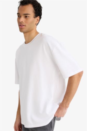 Oversize Geniş Kalıp Bisiklet Yaka Kısa Kollu Basic Düz Ağır Kumaş Tişört