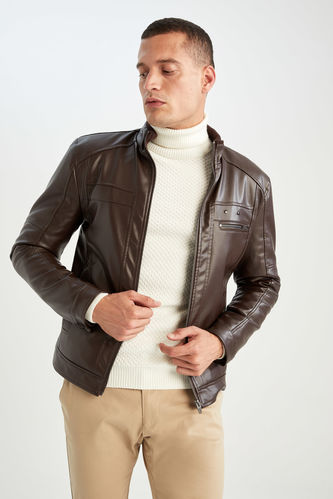 Slim Fit Half Turtleneck Faux Leather Jacket
