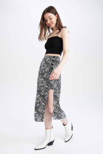 Regular Fit Floral Print Side Split Midi Skirt