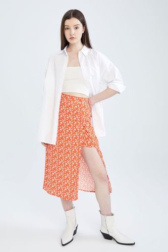 Regular Fit Floral Print Side Split Midi Skirt