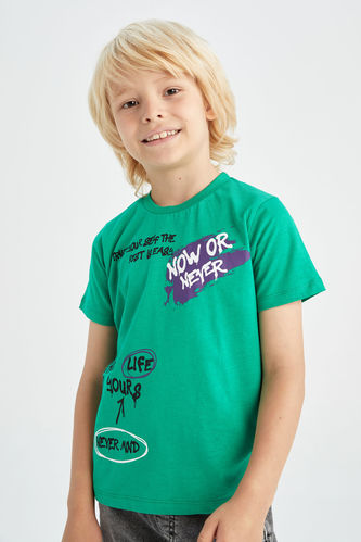 Erkek Çocuk Slogan Baskılı Bisiklet Yaka Kısa Kollu Pamuklu Tişört