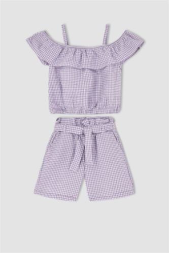 Girls & Teens Light Lilac Girl Regular Fit Gingham Strap Blouse Shorts Set