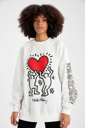 Keith Haring Lisanlı Oversize Fit Bisiklet Yaka Baskılı Uzun Kollu Sweatshirt
