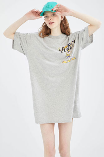 Grey WOMAN Coool Looney Tunes Crew Neck Short Sleeve T-Shirt Dress 2473881