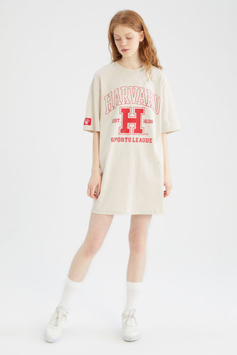 Shorts Sleeve Harvard University Print Mini Dress