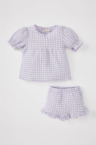 Baby Girl Gingham See-through Textured Short Sleeve Blouse Shorts 2-Pack Set