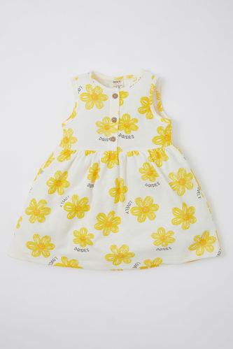 Kız Bebek Çiçek Desenli Kolsuz Waffle Elbise