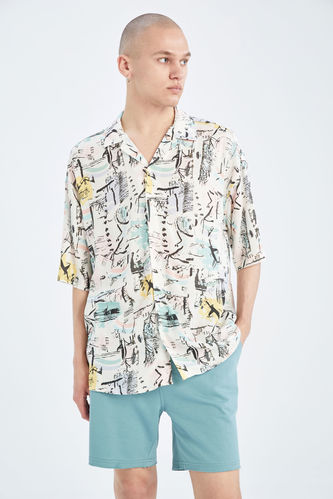 Coool Oversize Fit Patterned Viscose Short Sleeve Hawaiian Shirt