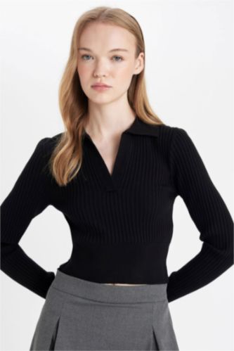 Slim Fit Dar Kesim Polo Yaka Crop Triko Kazak