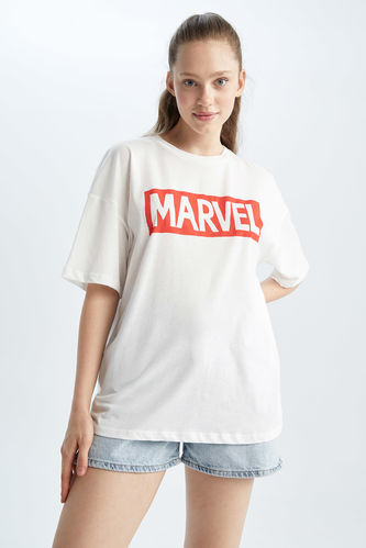 White WOMAN Coool Marvel Fit T- Sleeve DeFacto | Printed Neck Crew Oversize Short Shirt Back 2486370