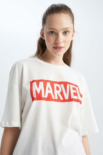 Crew Short Fit Printed Shirt T- 2486370 WOMAN Sleeve Marvel White DeFacto Back Neck Coool | Oversize