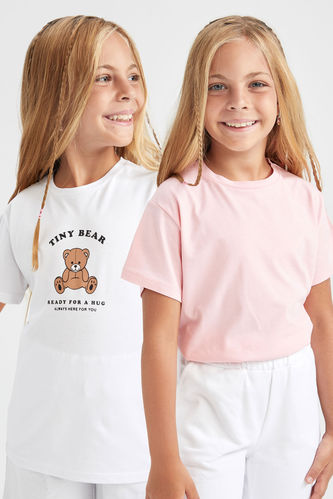 Kız Çocuk Regular Fit Ayıcık Baskılı 2'li Kısa Kollu Pamuklu Tişört
